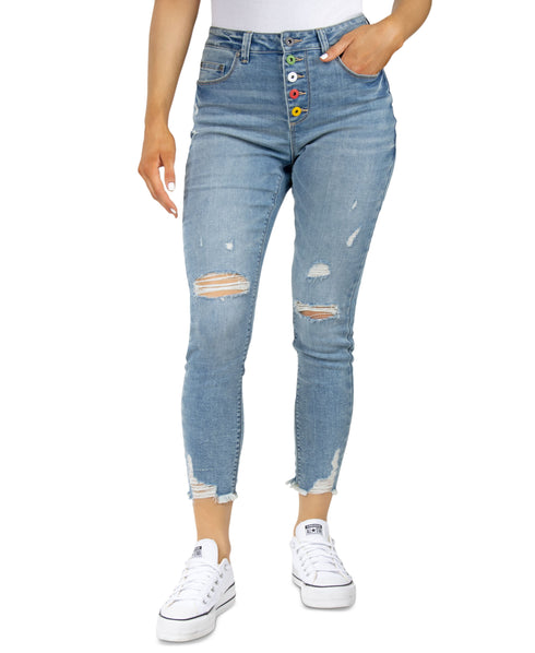Juniors' Multi Colored Button Fly Curvy Ripped Ankle Jeans
